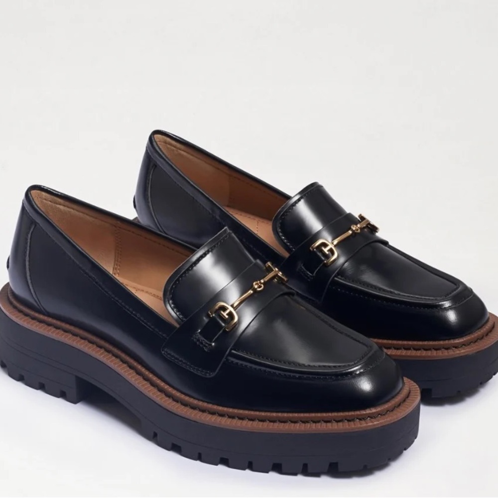 Sam Edelman Laurs Loafers - Black Leather Loafers with Gold Detail